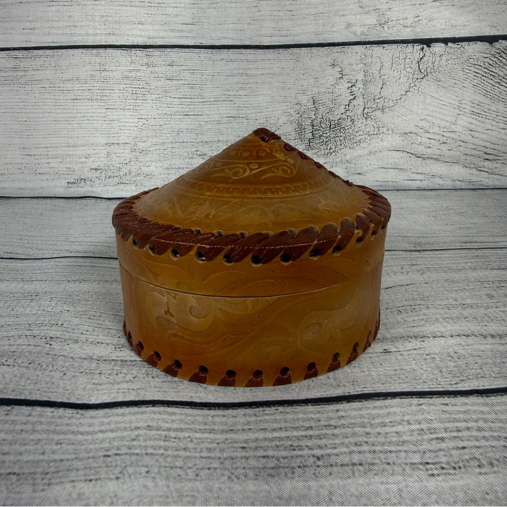 Hand Tooled Leather Yurt Trinket Jewelry Box with Concho Stitching